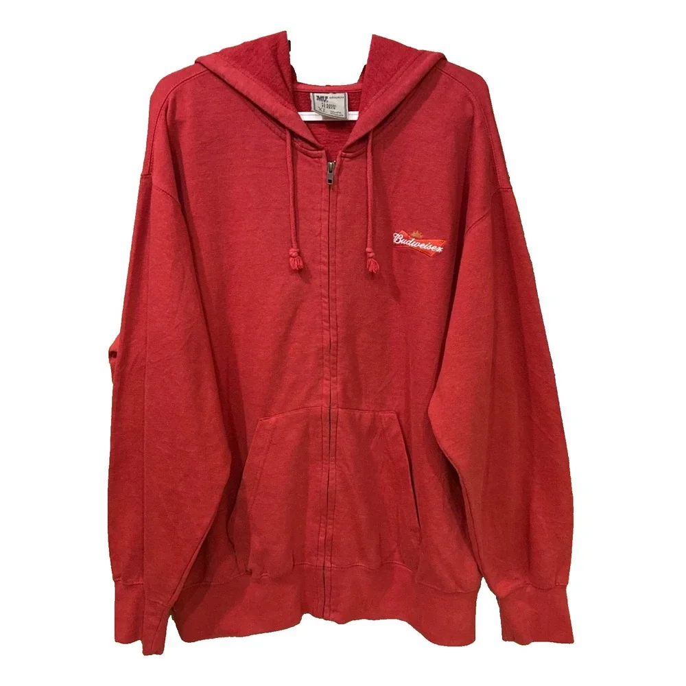 Vtg Budweiser Full Zip Hoodie Men's XL Deep Red MV Sport Classic Fleece Y2K GUC